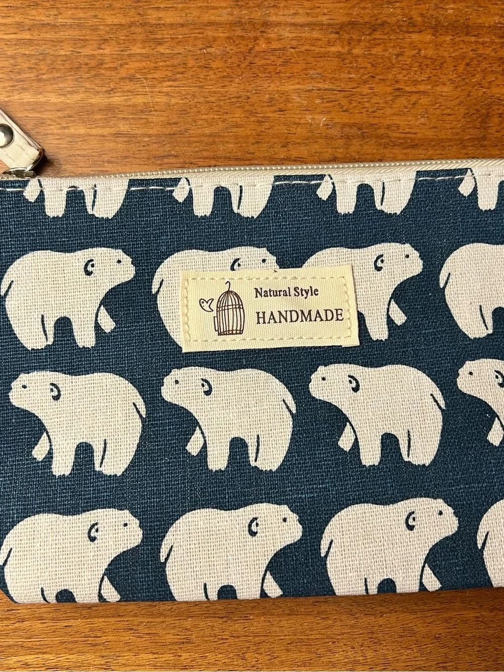 Handmade Natural Style Polar Bear Canvas Cosmetic Pouch in Navy and Cream